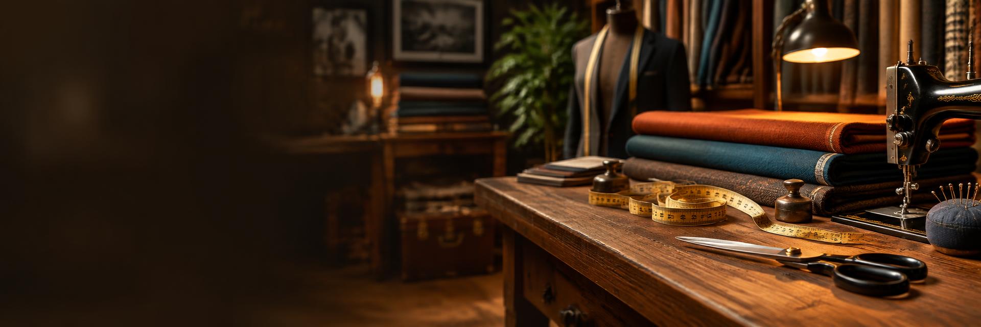 Tailor's worktable with fabric bolts, measuring tape and sewing machine